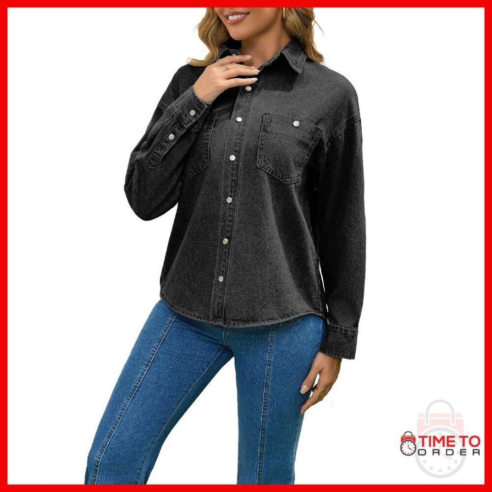 Oversized Denim Shirt Jacket Women's Utility Coat Drop Shoulder Casual
